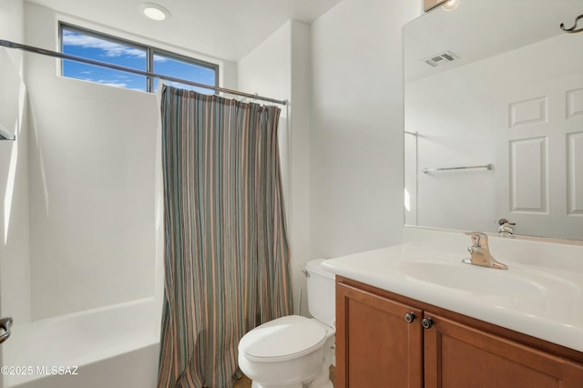 full bathroom with vanity, toilet, and shower / bathtub combination with curtain