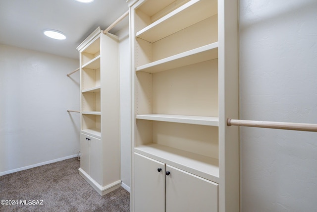 walk in closet featuring light carpet