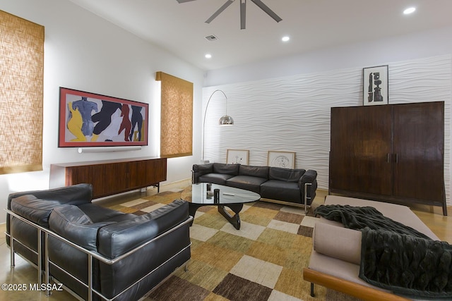 living room featuring ceiling fan