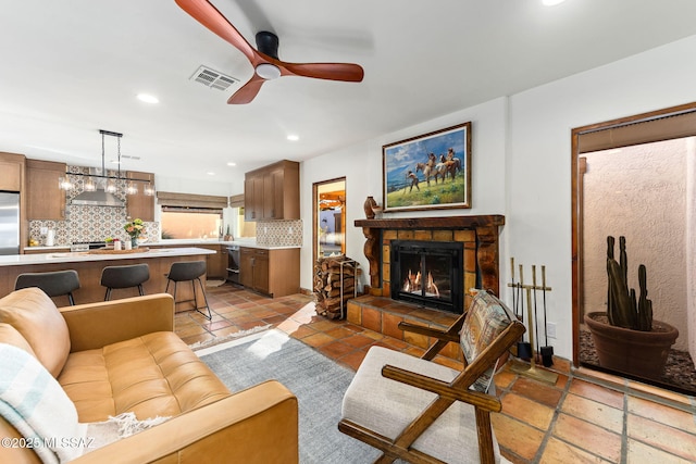 living room with ceiling fan