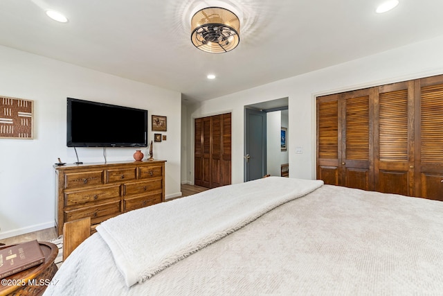 bedroom featuring multiple closets and wood-type flooring