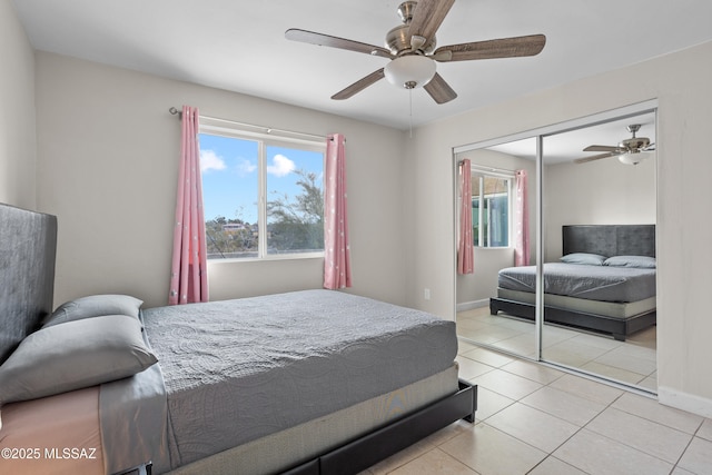 1061 W Roller Coaster Rd, Tucson, AZ 85704 - bedroom with multiple windows, light tile patterned floors, a closet, and ceiling fan