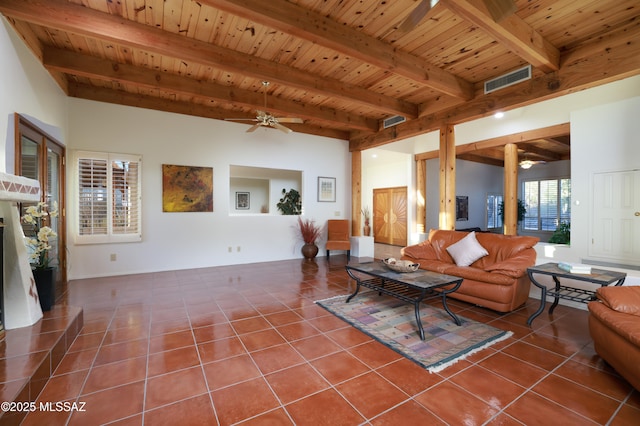 tiled living room featuring wooden ceiling, ceiling fan, visible vents, and beamed ceiling