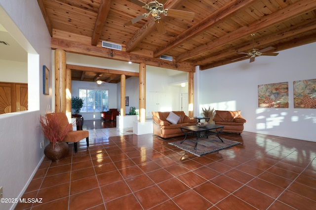 tiled living room featuring wood ceiling, visible vents, beamed ceiling, and ceiling fan