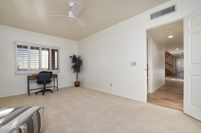 office area featuring visible vents, baseboards, light colored carpet, ceiling fan, and recessed lighting