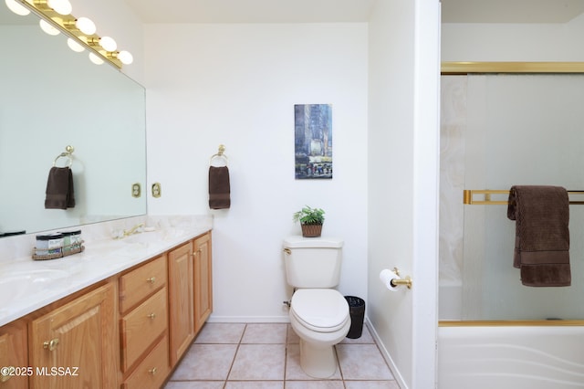 full bathroom featuring a tub to relax in, tile patterned flooring, toilet, double vanity, and a shower with door