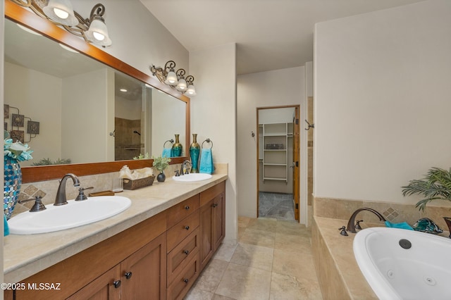 bathroom featuring vanity, separate shower and tub, and tile patterned floors