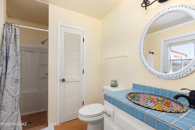 bathroom with vanity, walk in shower, and toilet