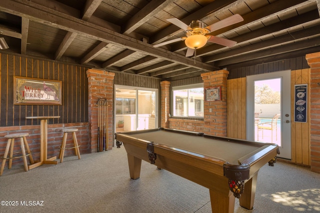 rec room with light carpet, pool table, wooden ceiling, and beamed ceiling