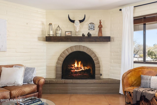 details with a brick fireplace