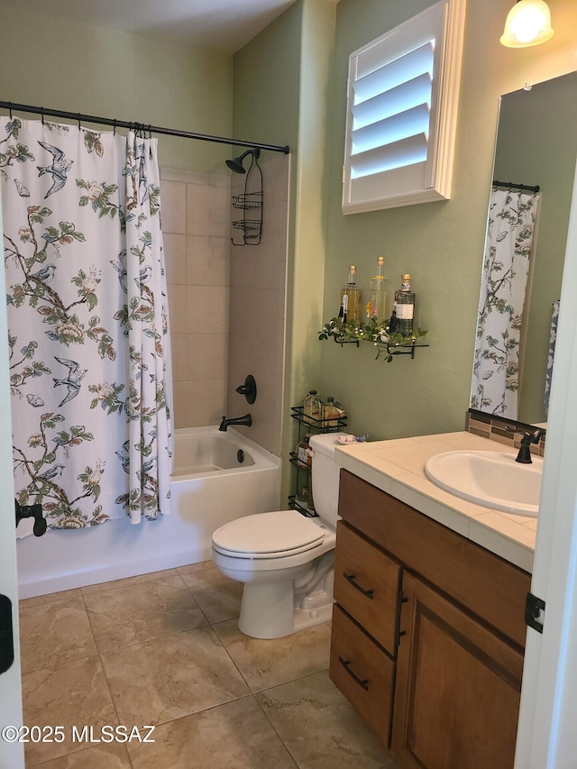 full bathroom with vanity, toilet, and shower / bath combo with shower curtain