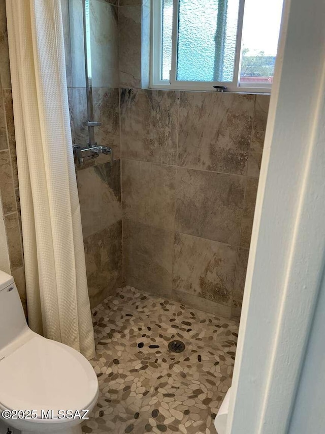 bathroom with toilet and walk in shower