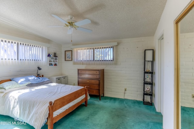 bedroom featuring light carpet, vaulted ceiling, a textured ceiling, and ceiling fan