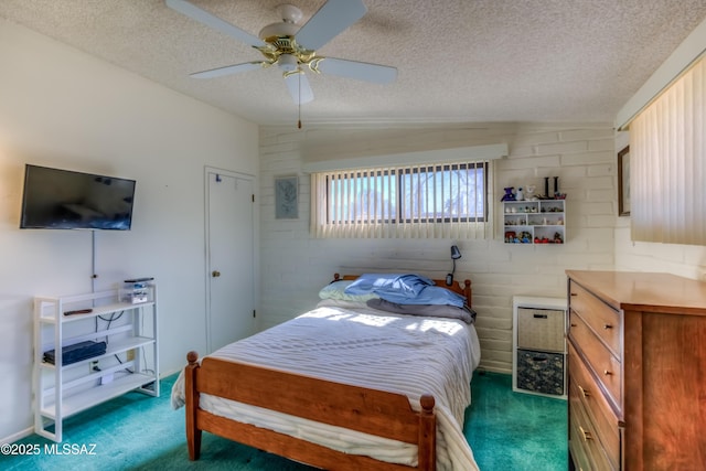 carpeted bedroom with a ceiling fan, vaulted ceiling, and a textured ceiling