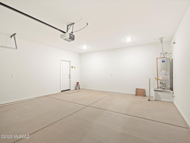 garage with gas water heater, baseboards, a garage door opener, and recessed lighting