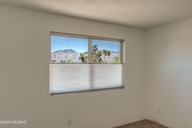 carpeted empty room with a mountain view