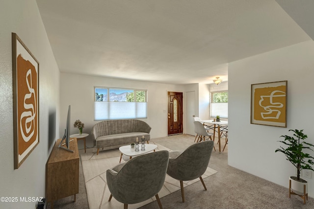 living room with light colored carpet