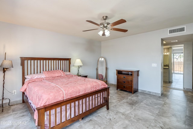 bedroom featuring visible vents, ceiling fan, and baseboards