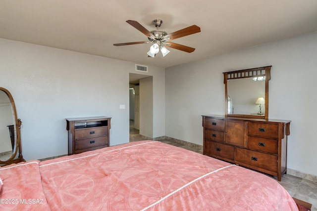 bedroom featuring ceiling fan, visible vents, and baseboards