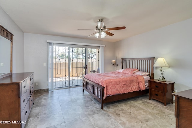 bedroom featuring access to outside and ceiling fan