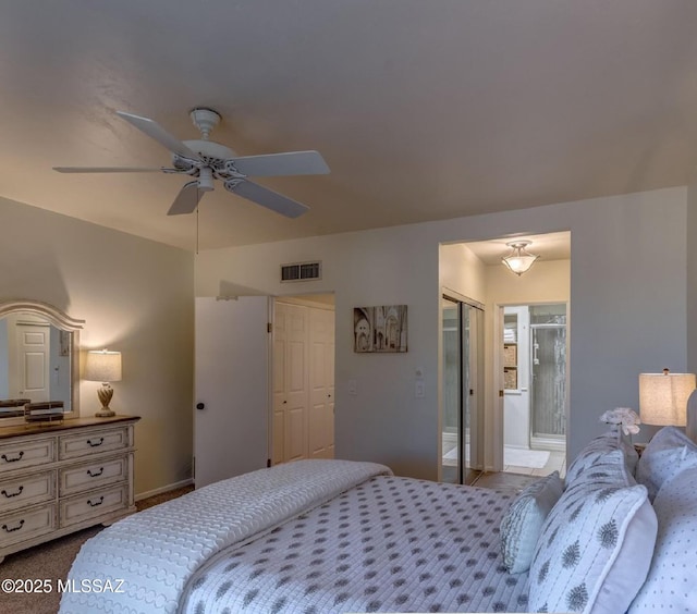 bedroom featuring ceiling fan and ensuite bathroom