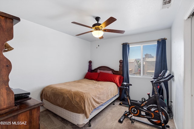 bedroom featuring carpet floors and ceiling fan