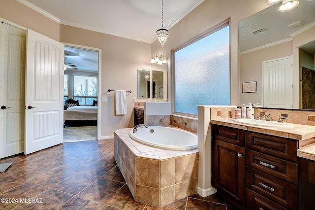 bathroom with vanity, tiled tub, decorative backsplash, and ornamental molding