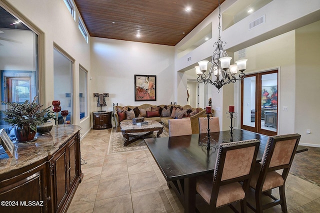 dining room with a chandelier, a high ceiling, and wooden ceiling