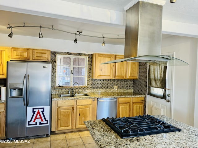 kitchen featuring island range hood, sink, backsplash, light stone counters, and stainless steel appliances