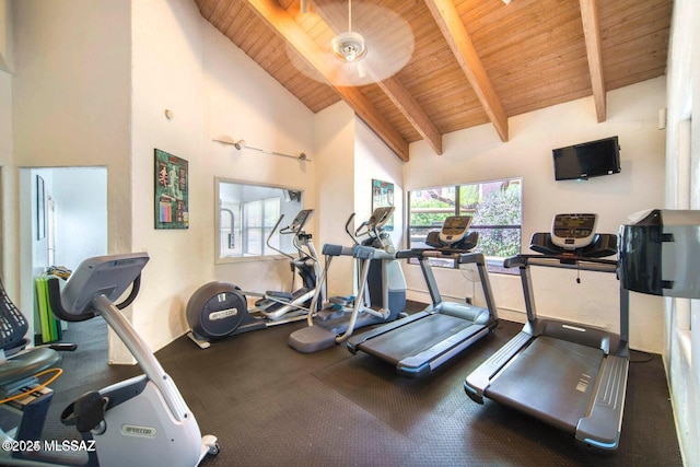 exercise room featuring wooden ceiling and high vaulted ceiling