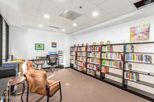 carpeted office with baseboards, recessed lighting, and a drop ceiling