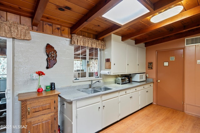 kitchen featuring wooden ceiling, sink, light hardwood / wood-style flooring, and white cabinets