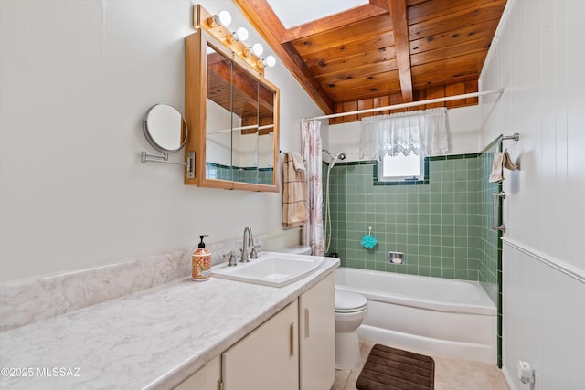 full bathroom with shower / tub combo with curtain, a skylight, vanity, wooden ceiling, and toilet