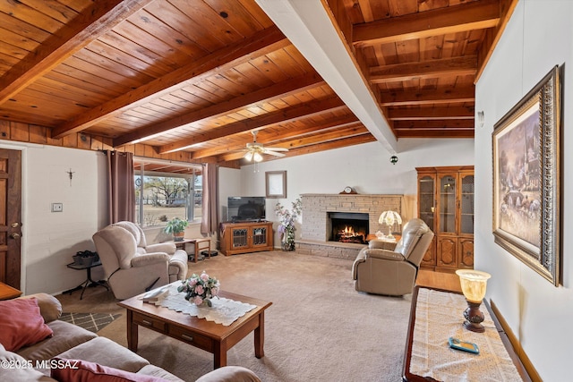 living room featuring a fireplace, wooden ceiling, and dark colored carpet