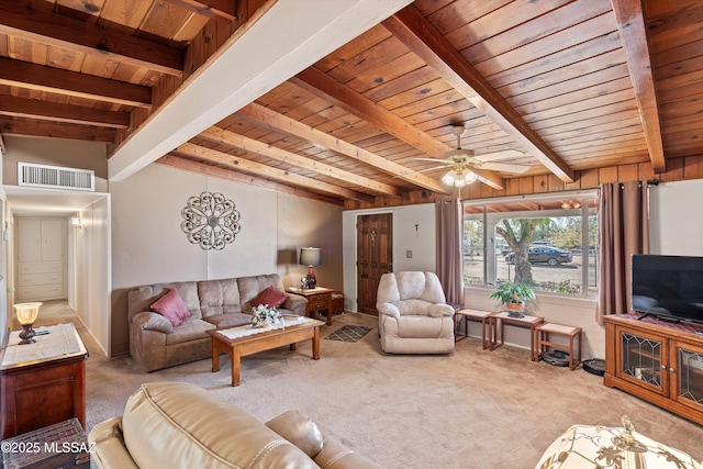 carpeted living room with beamed ceiling, wooden ceiling, and ceiling fan
