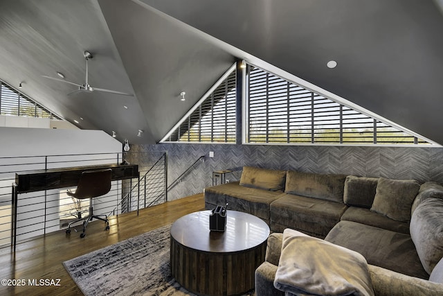 802 S 5th Ave, Tucson, AZ 85701 - living room with lofted ceiling, wood finished floors, and a ceiling fan
