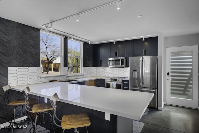 802 S 5th Ave, Tucson, AZ 85701 - kitchen with light countertops, a sink, dark cabinetry, appliances with stainless steel finishes, and a peninsula