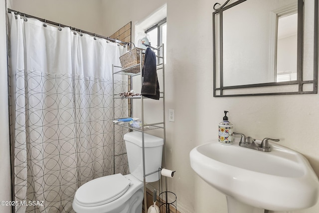 bathroom featuring a shower with curtain, toilet, and sink