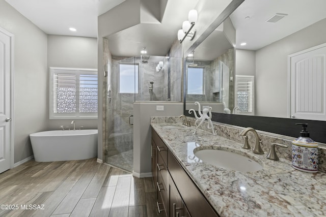 bathroom featuring vanity and separate shower and tub