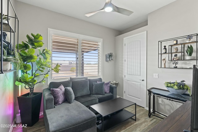 living room featuring wood-type flooring and ceiling fan