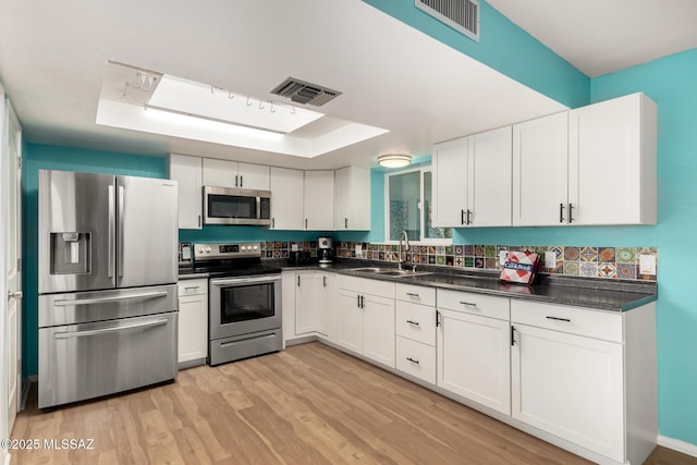 kitchen featuring white cabinetry, appliances with stainless steel finishes, sink, and light hardwood / wood-style flooring