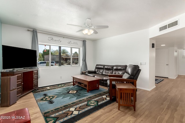 living room featuring light hardwood / wood-style floors and ceiling fan