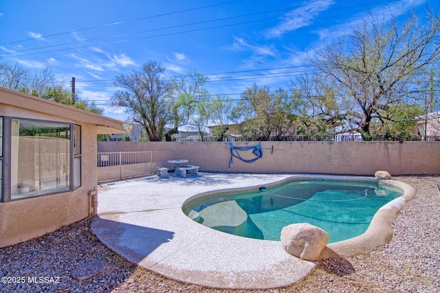 view of swimming pool featuring a fenced backyard, a patio, and a fenced in pool