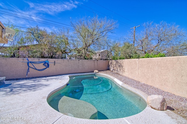 view of swimming pool with a fenced backyard, a fenced in pool, and a patio