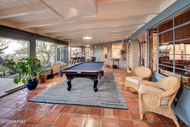 playroom with beamed ceiling, pool table, and wooden ceiling