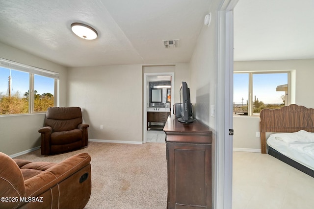 living area featuring light carpet