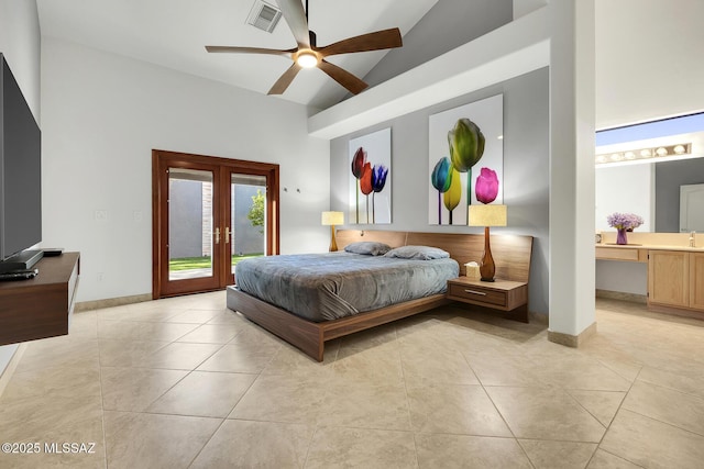 bedroom featuring access to outside, french doors, light tile patterned flooring, and visible vents