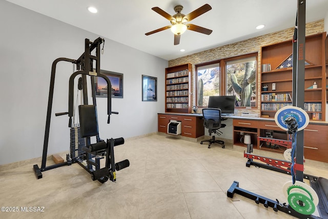 office with recessed lighting, tile patterned flooring, ceiling fan, and baseboards