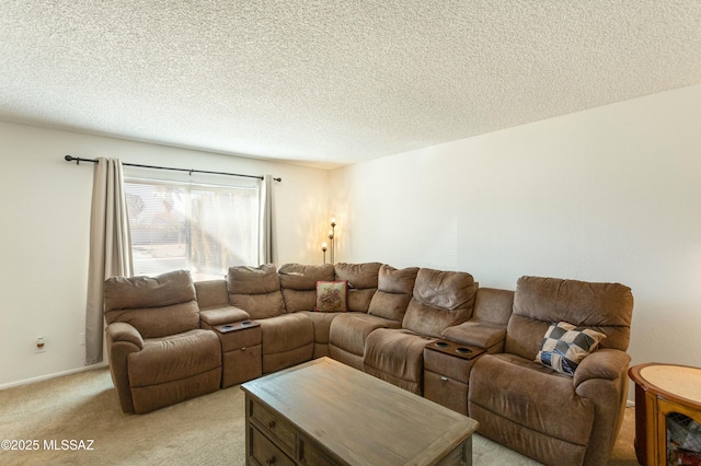 living room with light carpet and a textured ceiling