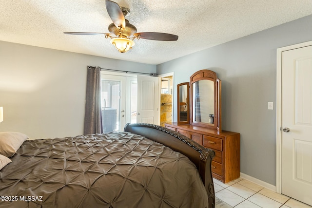 bedroom featuring ceiling fan, french doors, a textured ceiling, and light tile patterned flooring